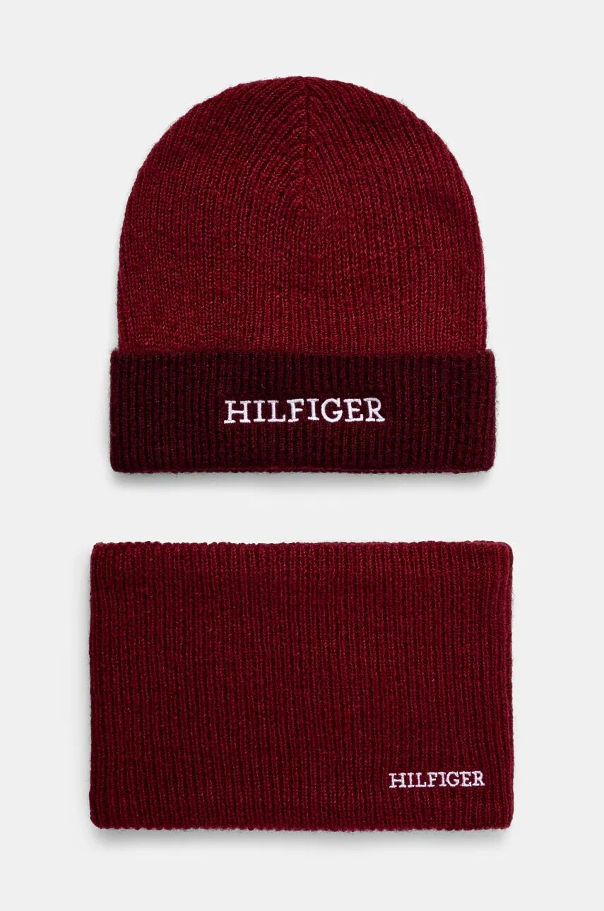 Detská čiapka a šál komín Tommy Hilfiger červená farba, AU0AU01938