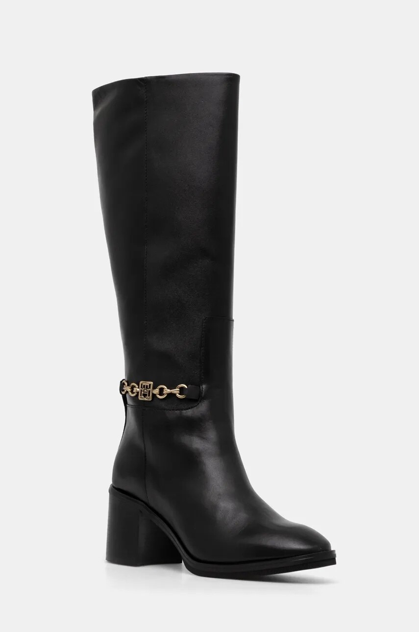 Kožené čižmy Tommy Hilfiger TH CHAIN LEATHER LONG BOOT dámske, čierna farba, na podpätku, FW0FW08182
