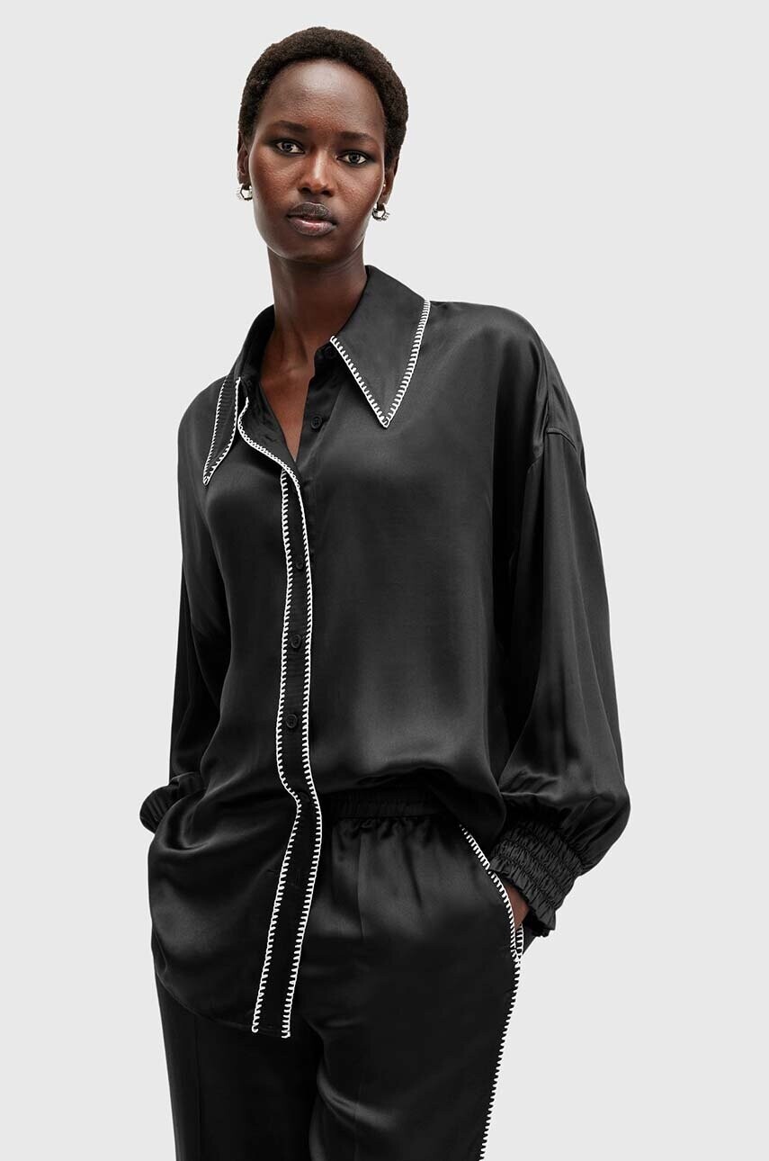 Košeľa s prímesou hodvábu AllSaints CHARLI STITCH čierna farba, regular, s klasickým golierom, W033PB
