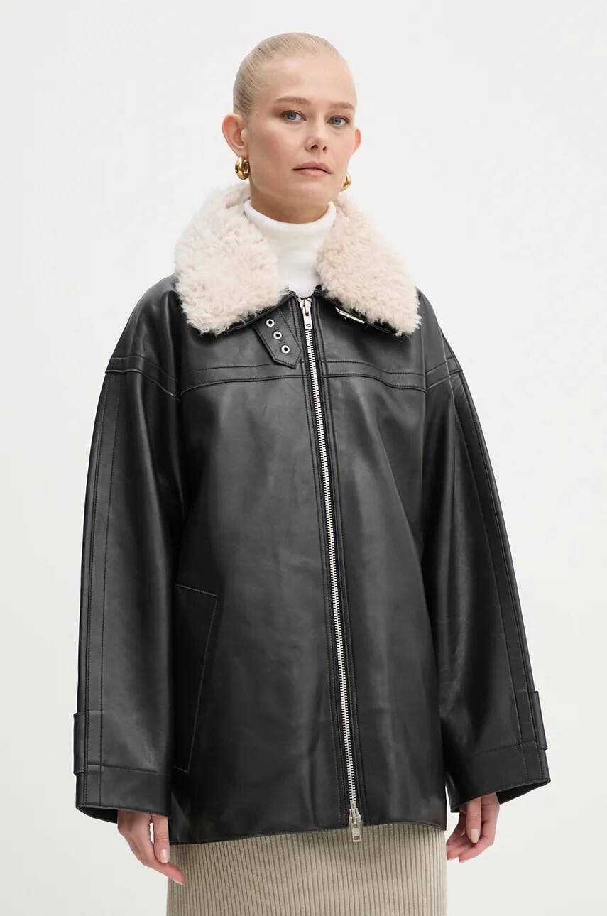 Kožená bunda Stand Studio Emelia Jacket dámska, čierna farba, prechodná, oversize, 62271-7540