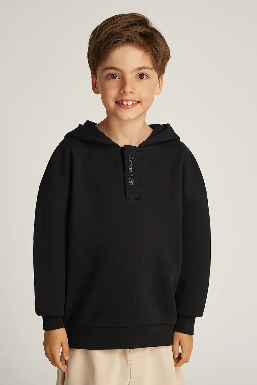 Detská mikina Calvin Klein Jeans 0 čierna farba, s kapucňou, jednofarebná, IB0IB02377