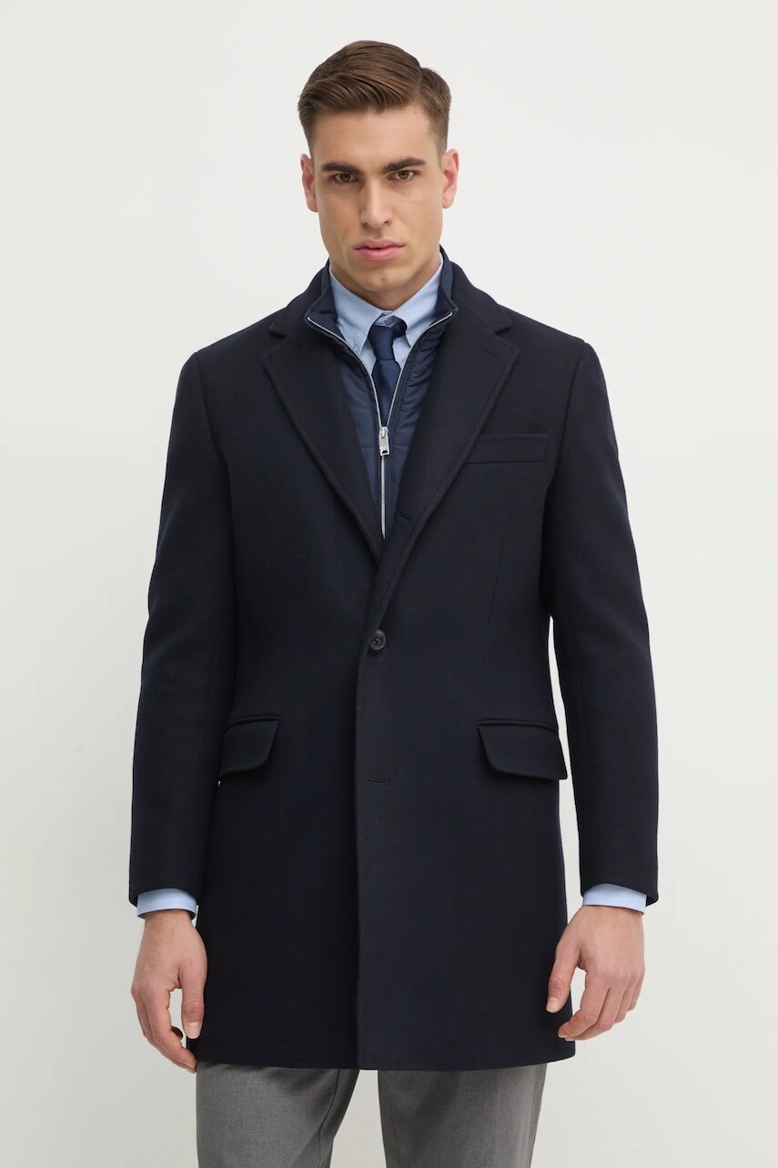 Vlnený kabát Hackett London tmavomodrá farba, prechodný, HM403241R