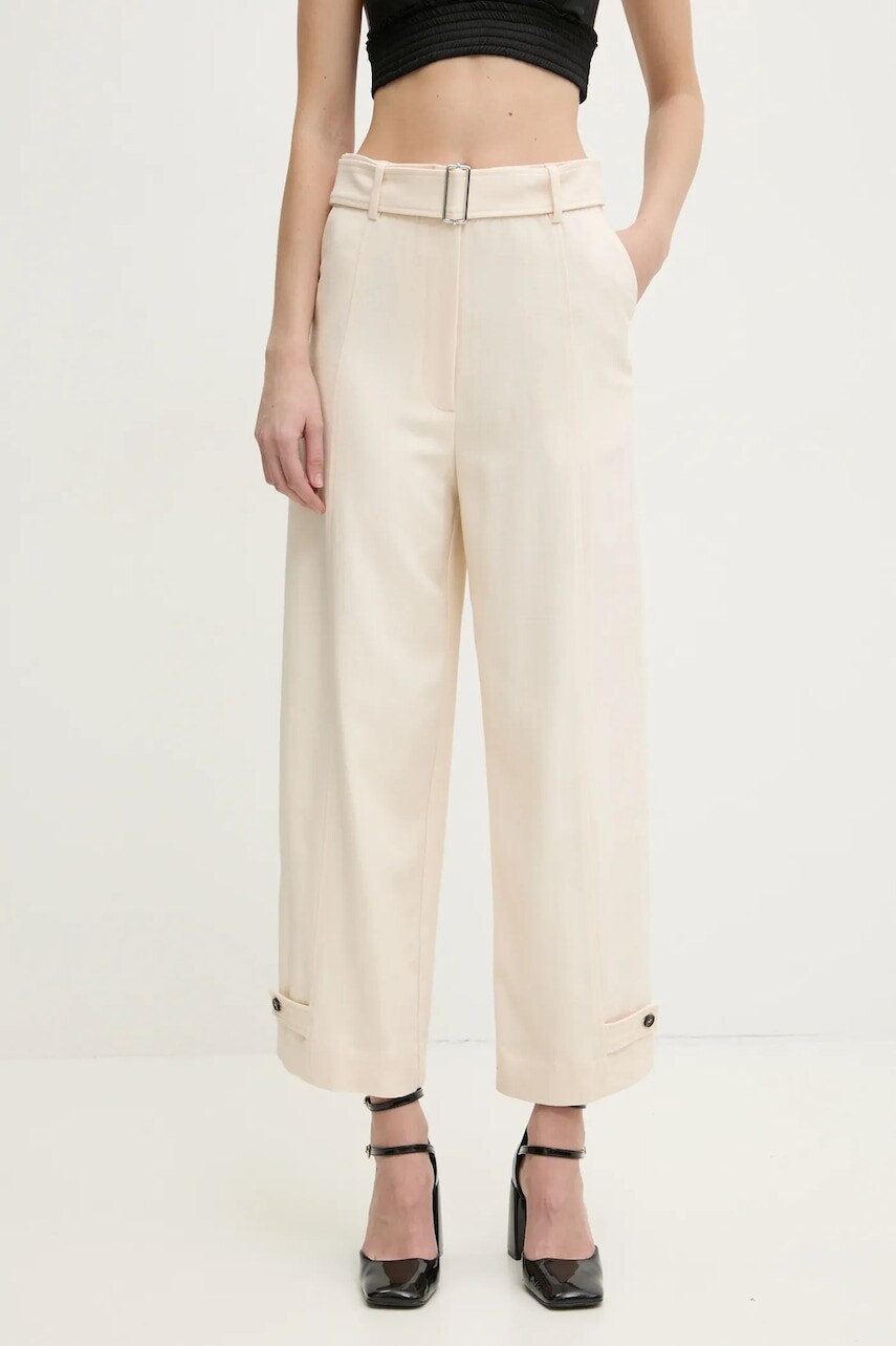 Nohavice MSGM dámske, béžová farba, strih chinos, vysoký pás, 3841MDP09.257106