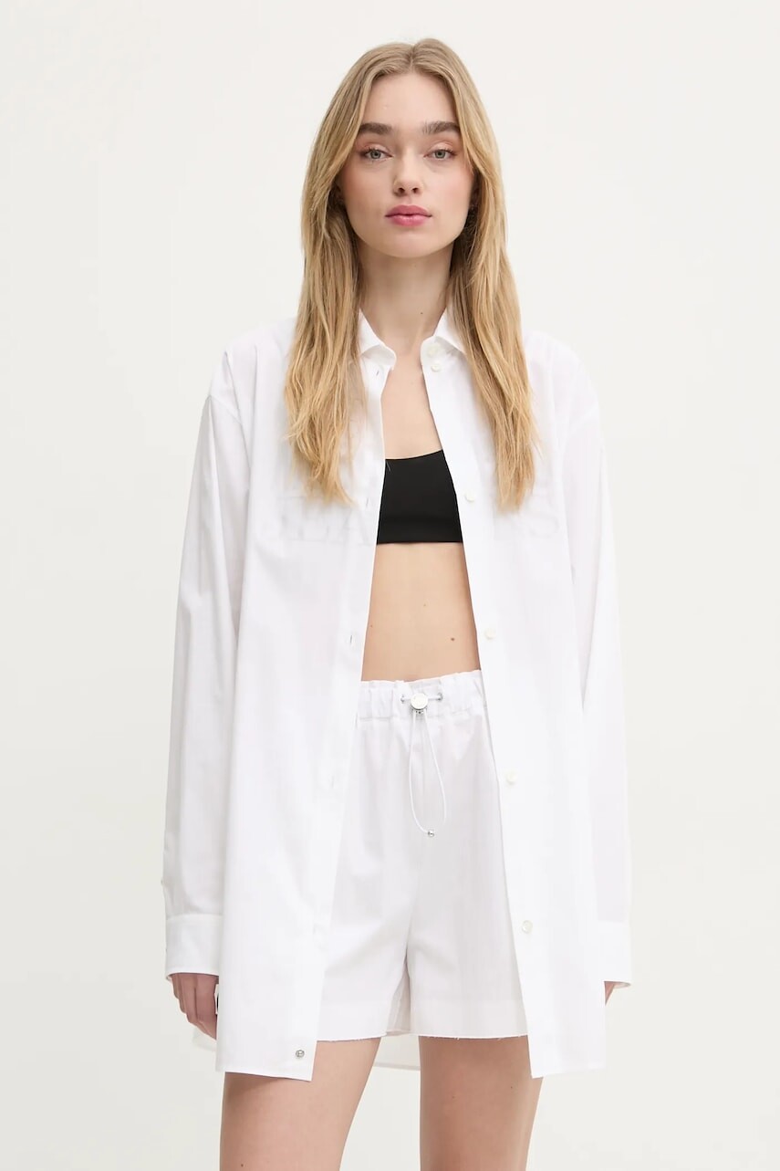 Bavlnená košeľa Moschino Jeans dámska, béžová farba, voľný strih, s klasickým golierom, 0209 3227