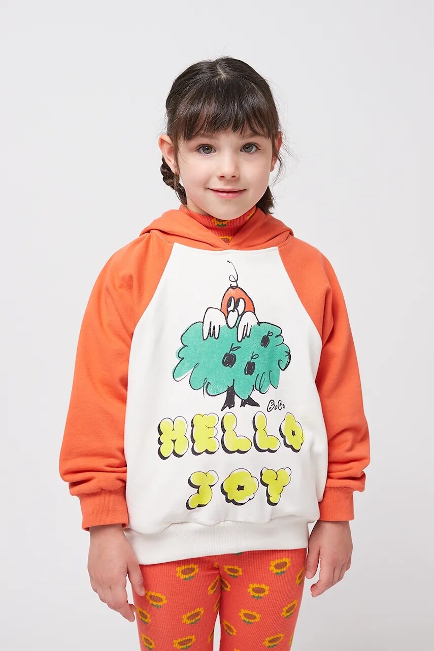 Detská bavlnená mikina Bobo Choses Hello Joy biela farba, s kapucňou, s potlačou, 125AC044
