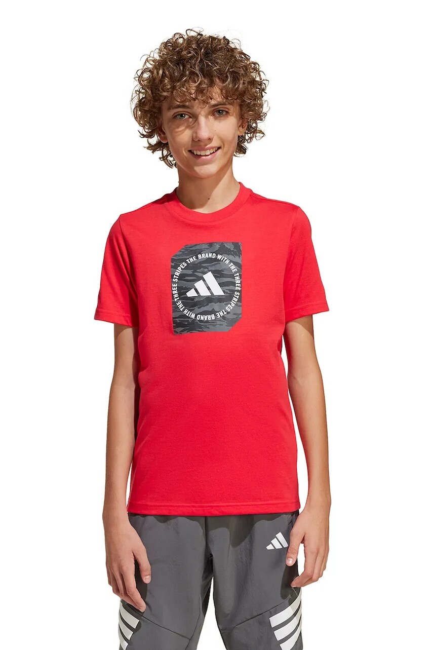 Detské bavlnené tričko adidas červená farba, s potlačou, JM8233
