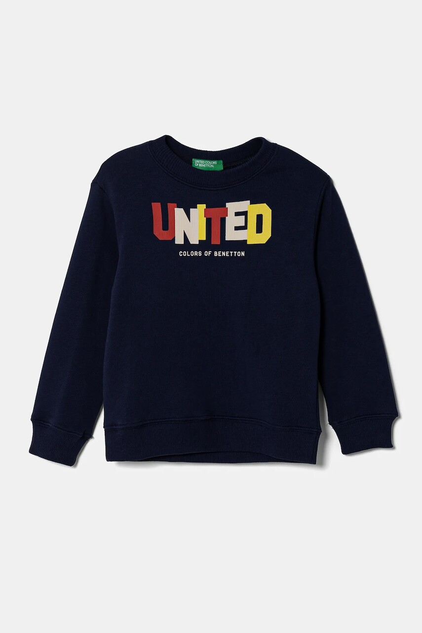 Detská bavlnená mikina United Colors of Benetton tmavomodrá farba, s potlačou, 3J70G10HW