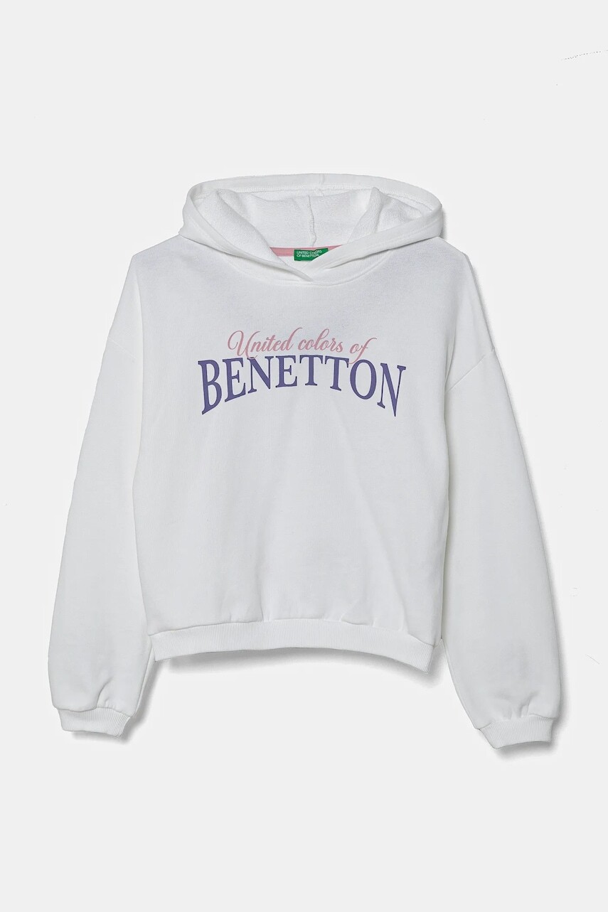 Detská bavlnená mikina United Colors of Benetton biela farba, s kapucňou, s potlačou, 3J68C204D