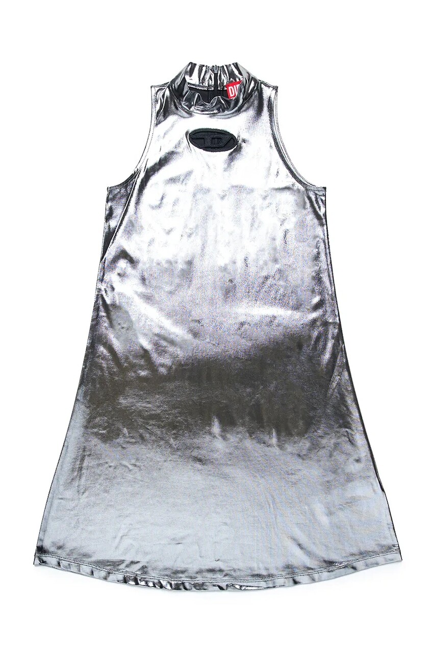 Dievčenské šaty Diesel DSTROL DRESS strieborná farba, mini, áčkový strih, J02175