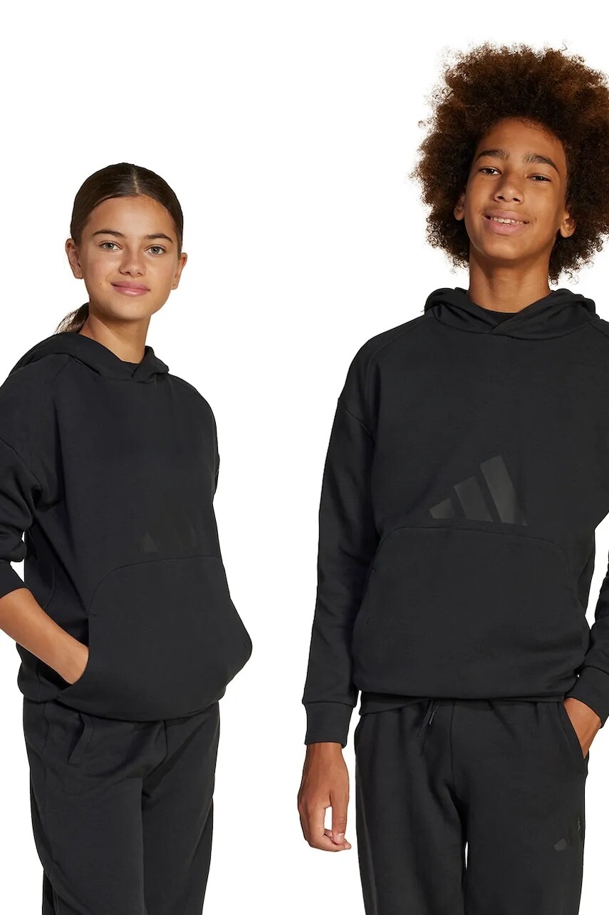 Detská mikina adidas čierna farba, s kapucňou, s potlačou, JJ4784