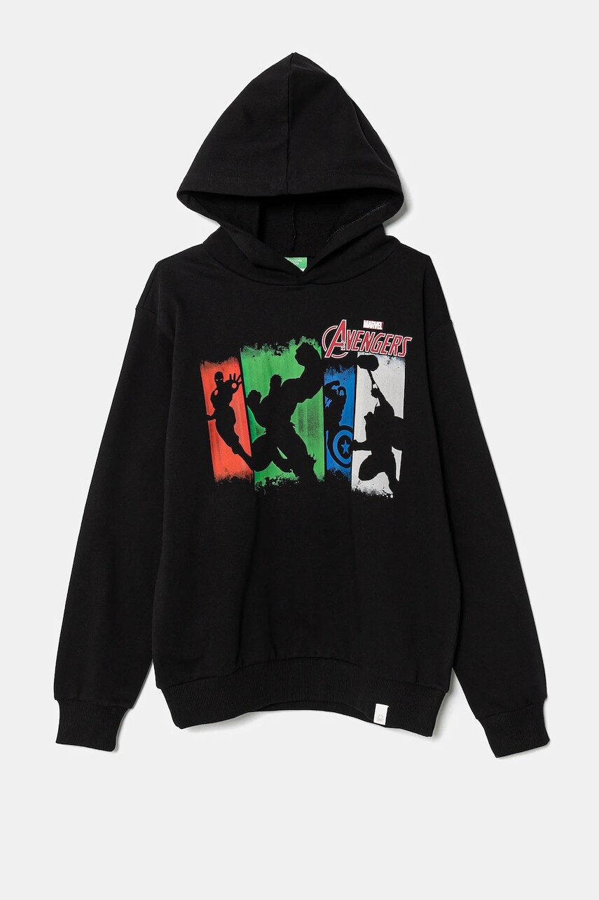 Detská bavlnená mikina United Colors of Benetton x Marvel čierna farba, s kapucňou, s potlačou, 3PQMC204F