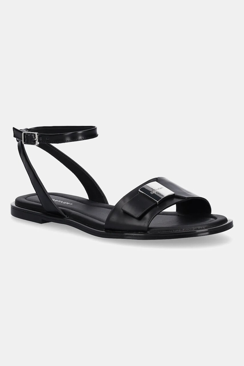 Kožené sandále Calvin Klein FLAT SANDAL W/CK HW - LTH dámske, čierna farba, HW0HW02367