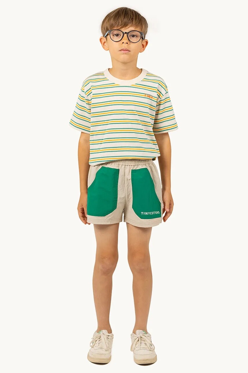 Detské krátke nohavice Tinycottons COLOR BLOCK SHORT béžová farba, s potlačou, SS25-251