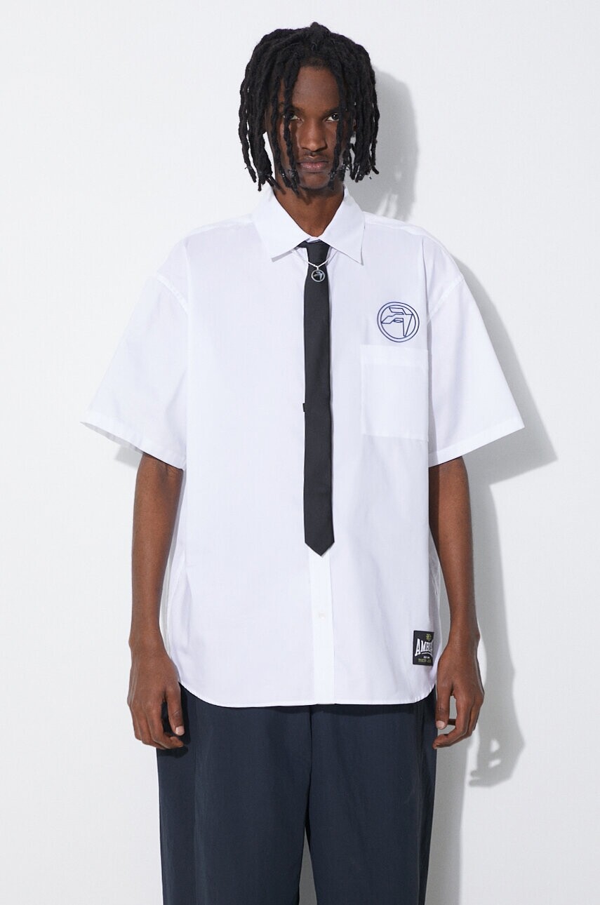 Bavlnená košeľa AMBUSH Circle Emblem S/S Shirt pánska, biela farba, voľný strih, s klasickým golierom, BMGG001S24FAB