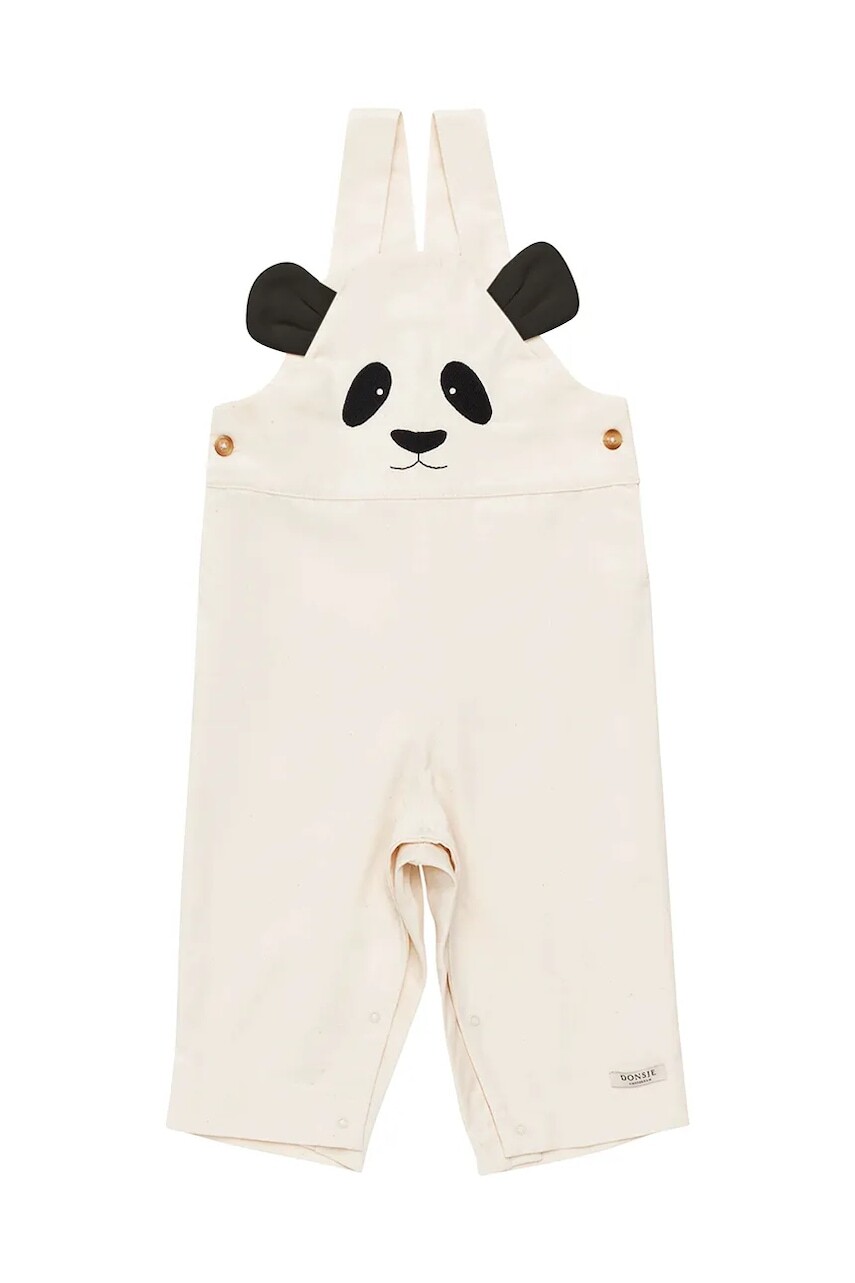 Detské nohavice na traky Donsje Kladi Overalls Panda béžová farba, s nášivkou, 3036601
