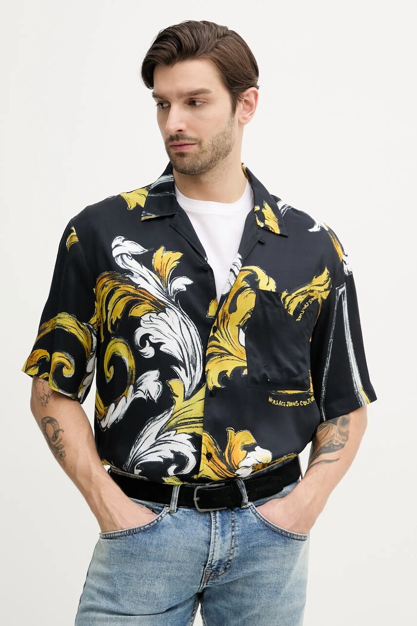 Košeľa Versace Jeans Couture pánska, čierna farba, voľný strih, s golierom button-down, 78GAL2B0 NS632