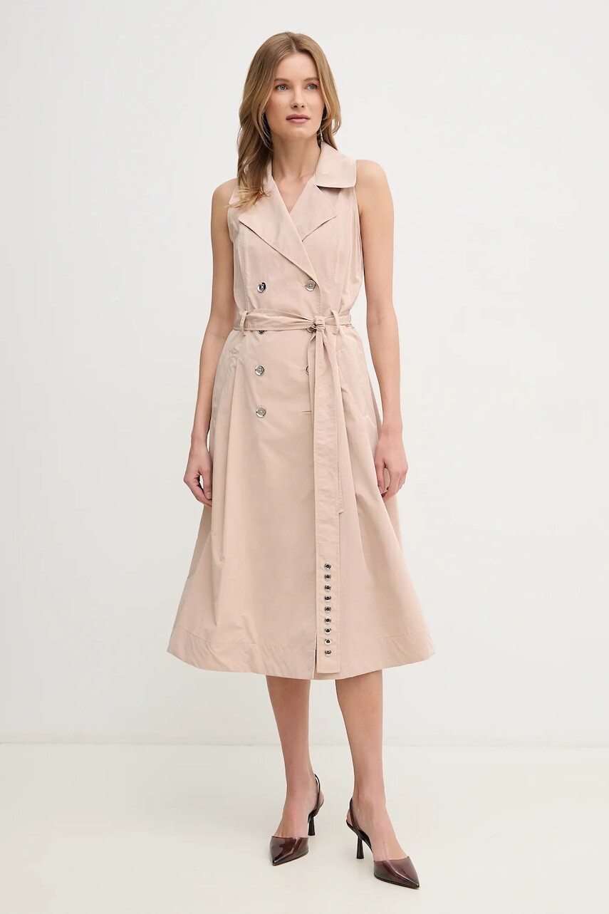 Šaty Dkny béžová farba, midi, áčkový strih, DD5P1H93