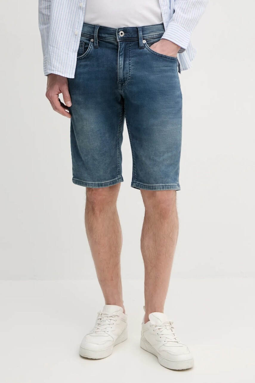 Rifľové krátke nohavice Pepe Jeans SLIM GYMDIGO SHORT TRACK pánske, tmavomodrá farba, PM801075UI5