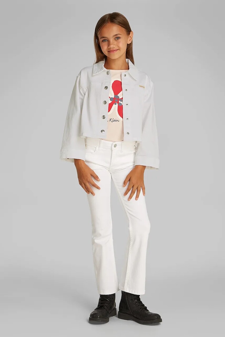 Detská rifľová bunda Calvin Klein Jeans biela farba, IG0IG02844