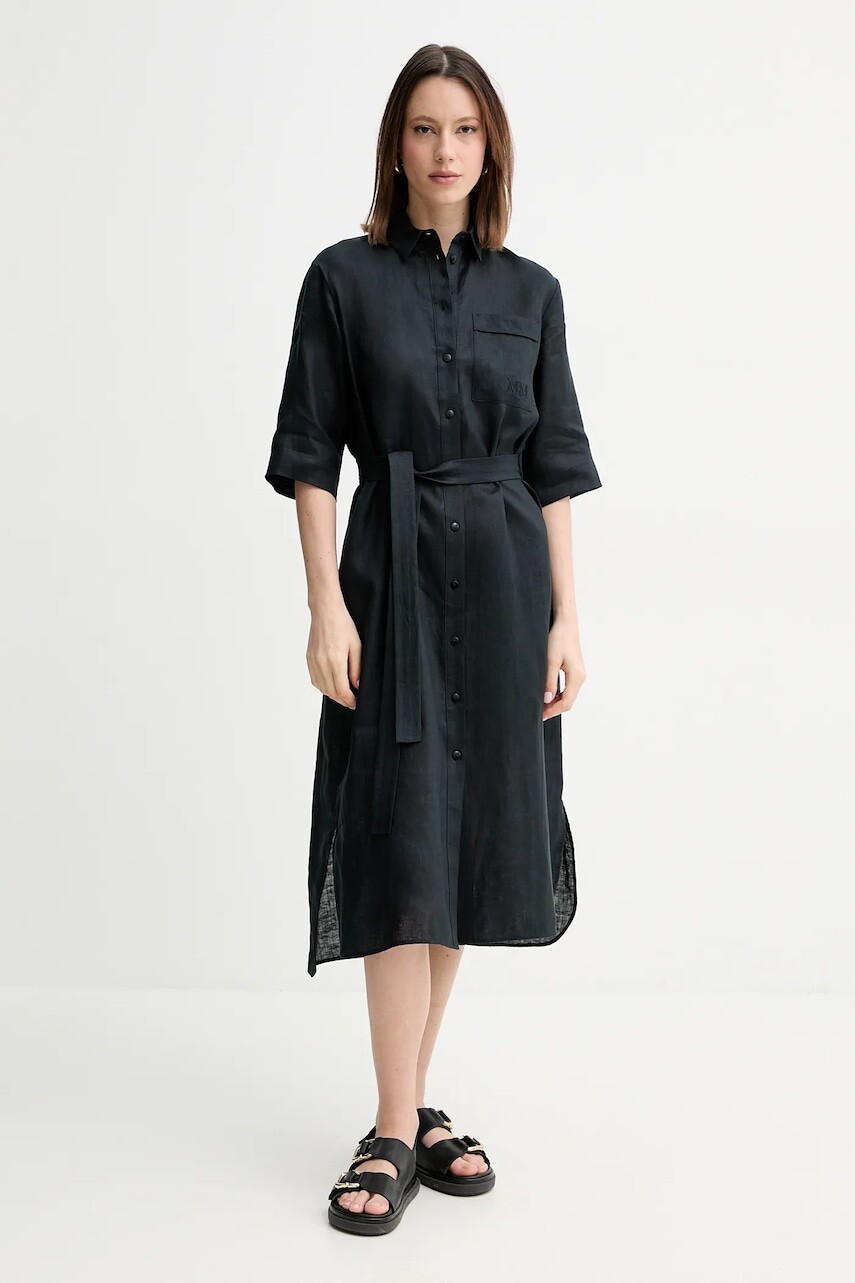 Ľanové šaty MM čierna farba, midi, rovný strih, 2516221028600