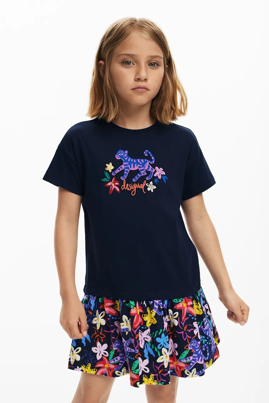 Dievčenské bavlnené šaty Desigual tmavomodrá farba, mini, rovný strih, 25SGVK04