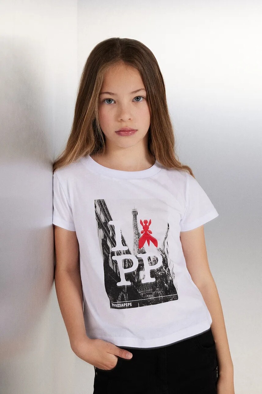 Detské bavlnené tričko Patrizia Pepe W103 biela farba, 7M0892