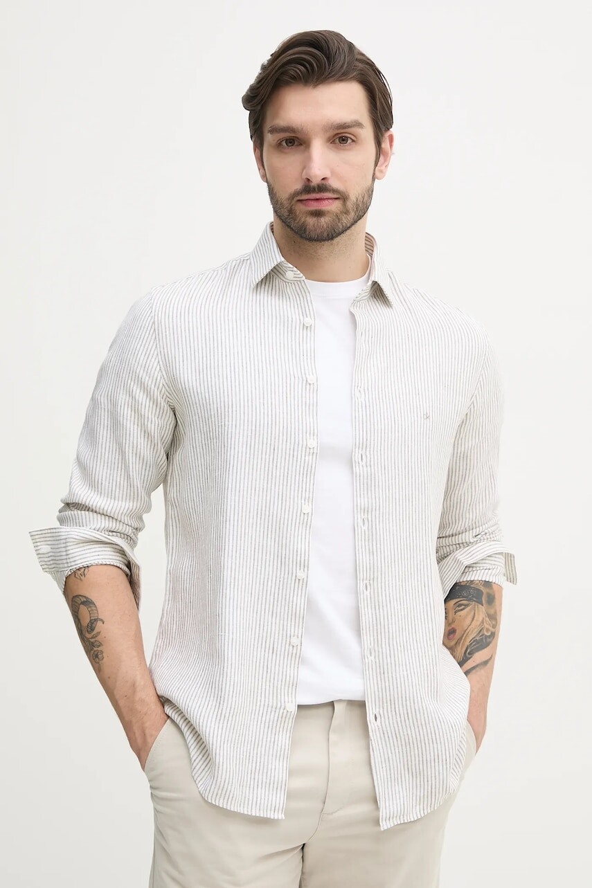 Ľanová košeľa Calvin Klein pánska, biela farba, regular, s klasickým golierom, K10K109332