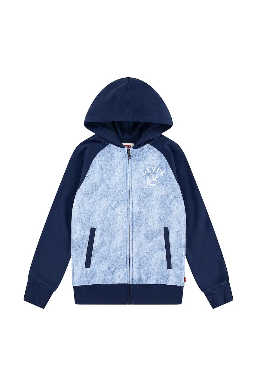 Detská mikina Levi's TROMPE LOEIL DENIM HOODIE tmavomodrá farba, s kapucňou, jednofarebná, 9EM394