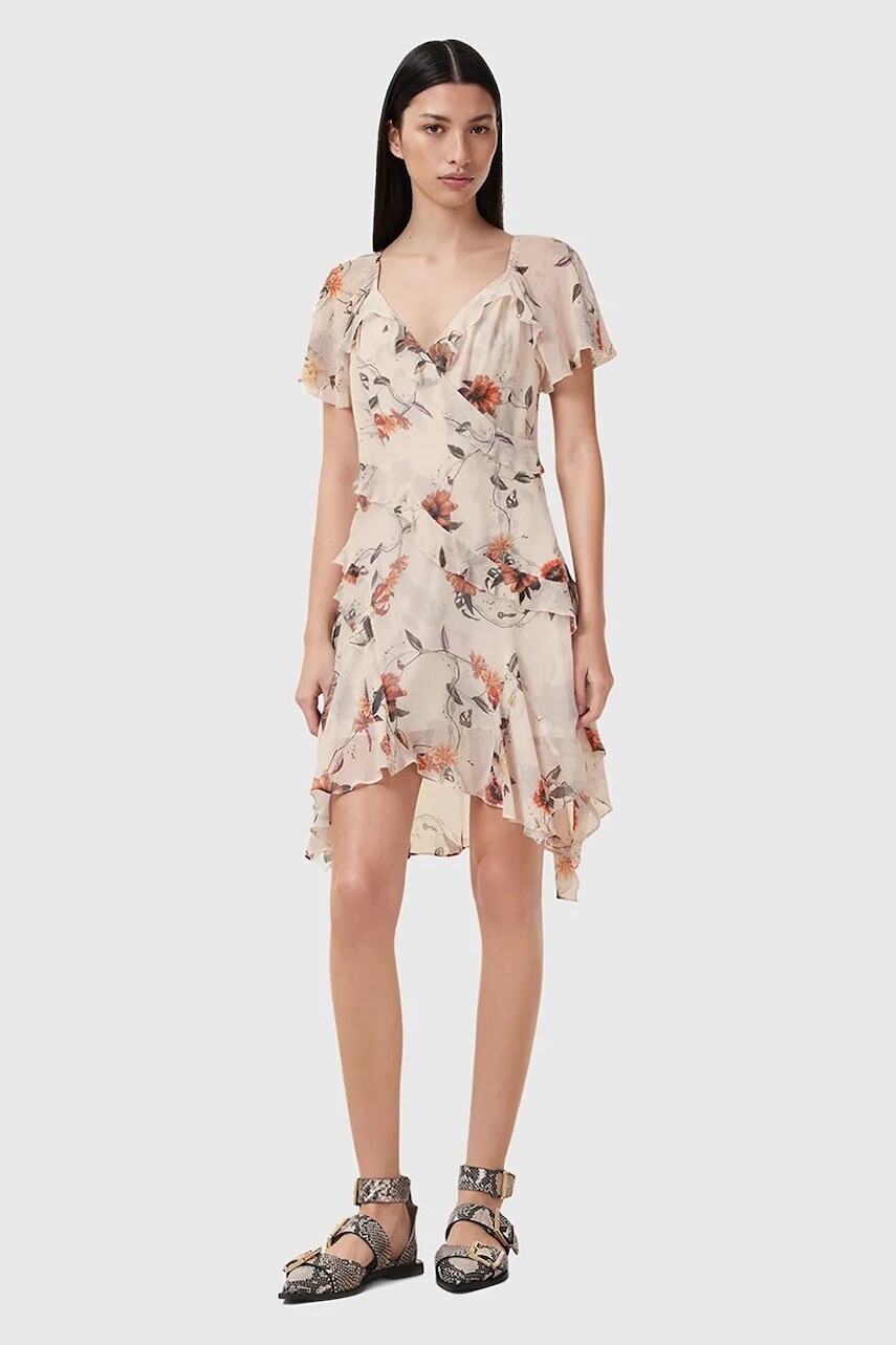 Šaty s prímesou hodvábu AllSaints DARMA béžová farba, mini, rovný strih, W018DC