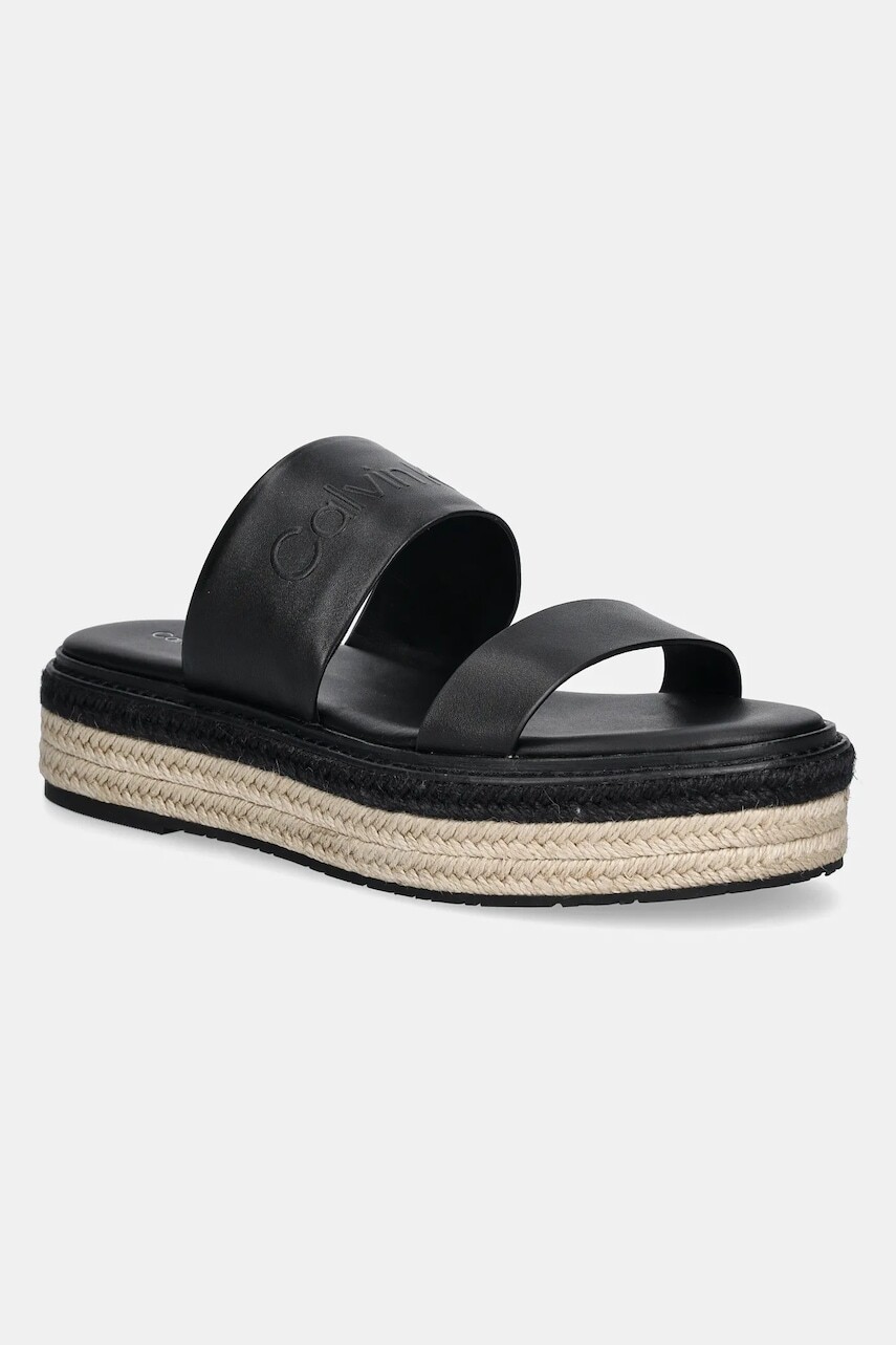 Kožené šľapky Calvin Klein FLATFORM WEDGE SLIDE - HE dámske, čierna farba, na platforme, HW0HW02374