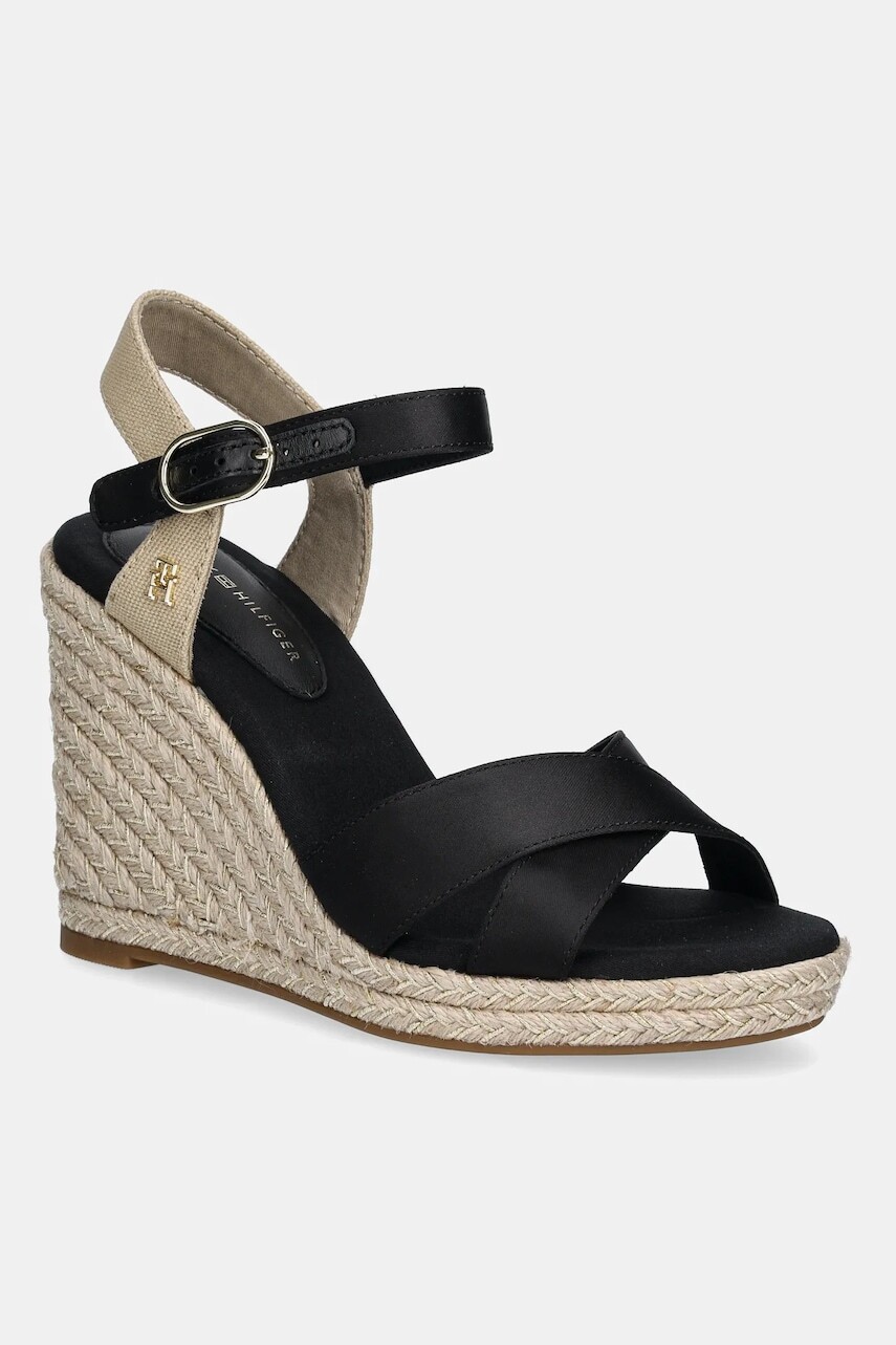 Sandále Tommy Hilfiger SATIN HIGH WEDGE ESPADRILLE čierna farba, FW0FW08602