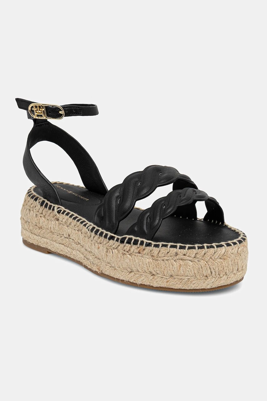 Kožené sandále Tommy Hilfiger LEATHER ROPE REAL ESPAD SANDAL dámske, čierna farba, na platforme, FW0FW08496