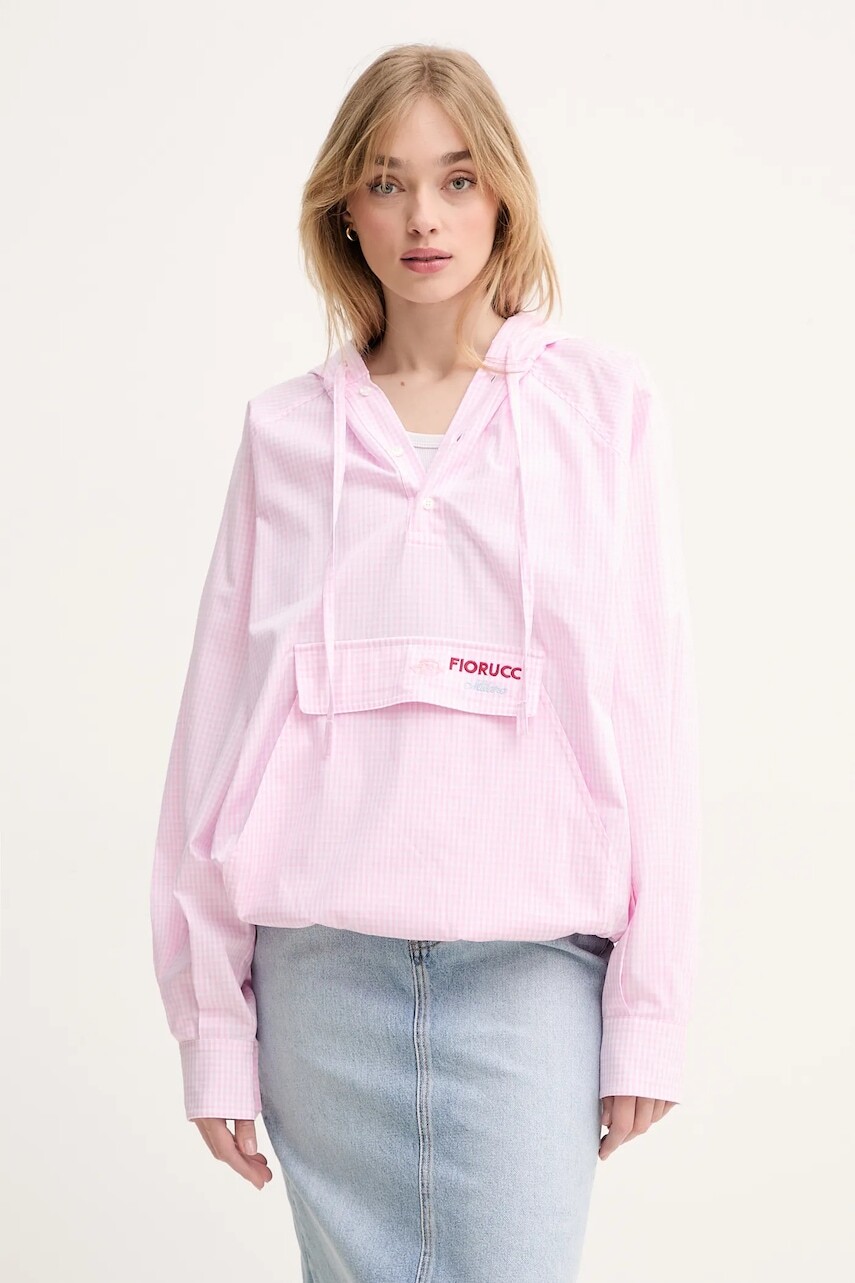 Bavlnená mikina Fiorucci Gingham Logo Hoodie Shirt dámska, ružová farba, s kapucňou, vzorovaná, W02SPTLO286CO01PN02