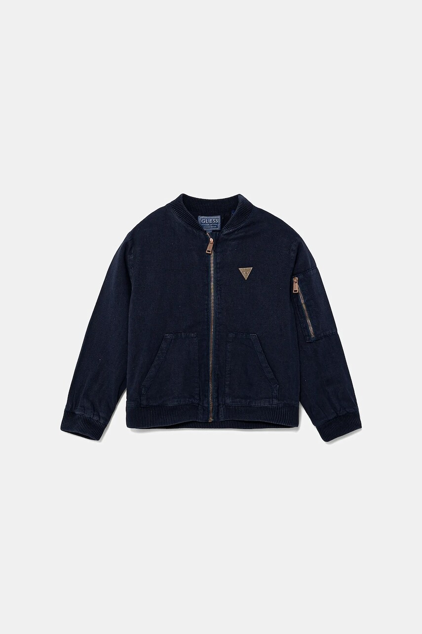 Bunda bomber s prímesou ľanu Guess tmavomodrá farba, N5GL02 WG5G0