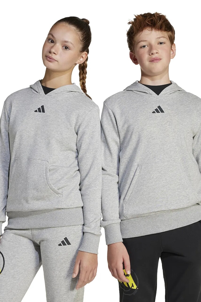 Detská mikina adidas šedá farba, s kapucňou, melanžová, JD3288