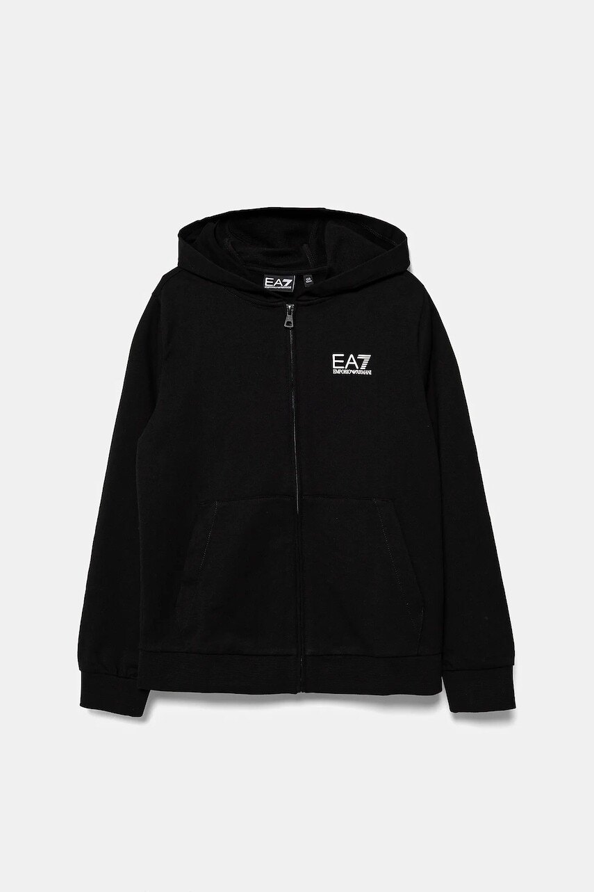 Detská bavlnená mikina EA7 Emporio Armani čierna farba, s kapucňou, s potlačou, 7B000064 AF10380
