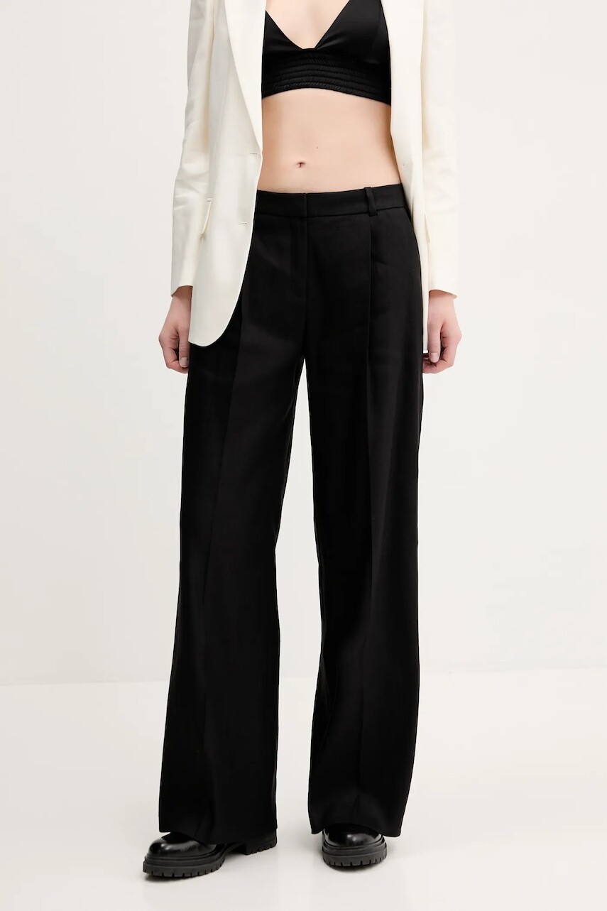 Ľanové nohavice HUGO dámske, čierna farba, široké, vysoký pás, 50537619