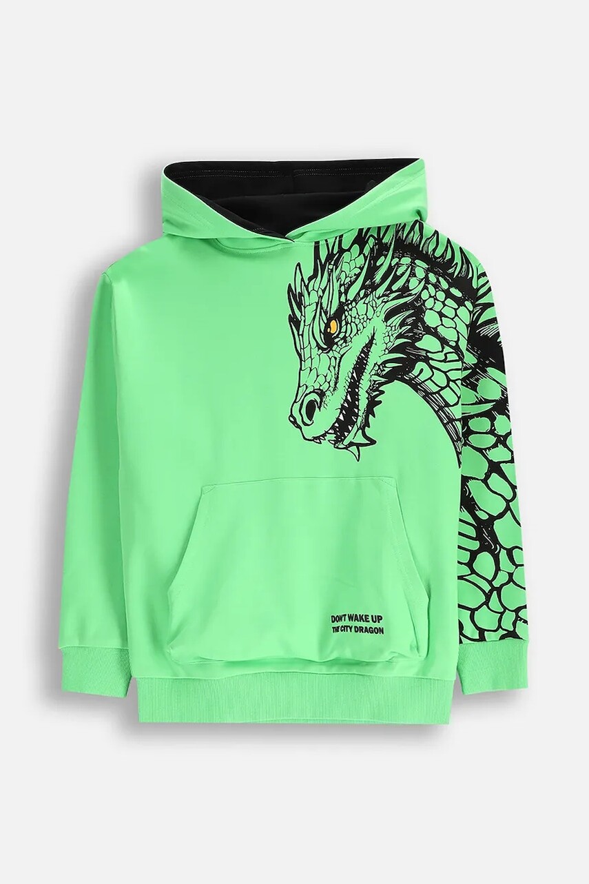 Detská mikina Coccodrillo zelená farba, s kapucňou, s potlačou, DRAGONS BOY JUNIOR