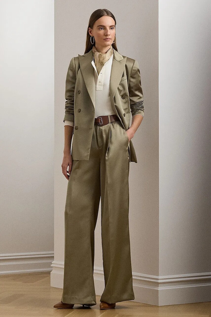 Nohavice Lauren Ralph Lauren hnedá farba, široké, vysoký pás, 200963668