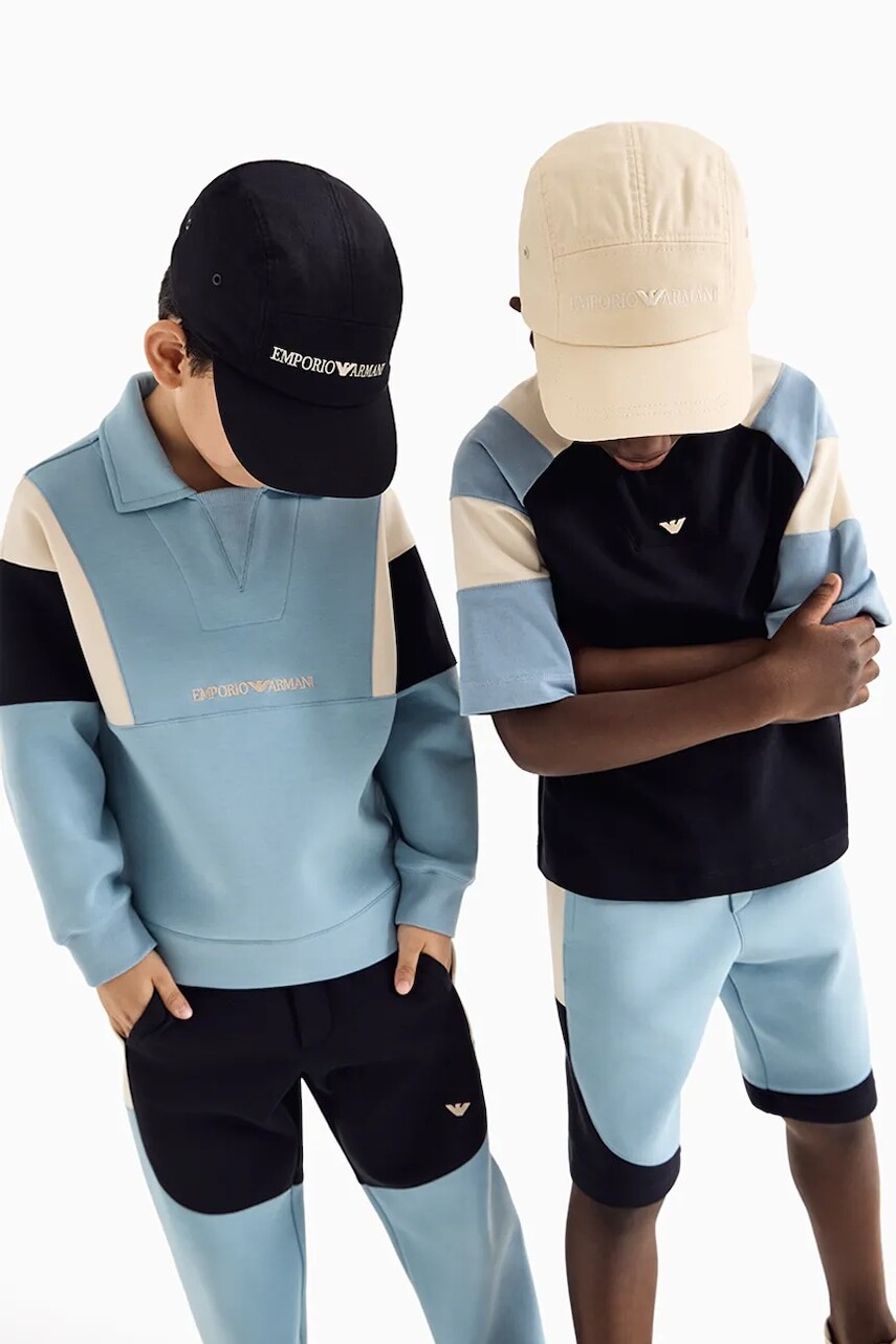 Detské bavlnené tričko Emporio Armani tmavomodrá farba, s nášivkou, EB000141 AF13715