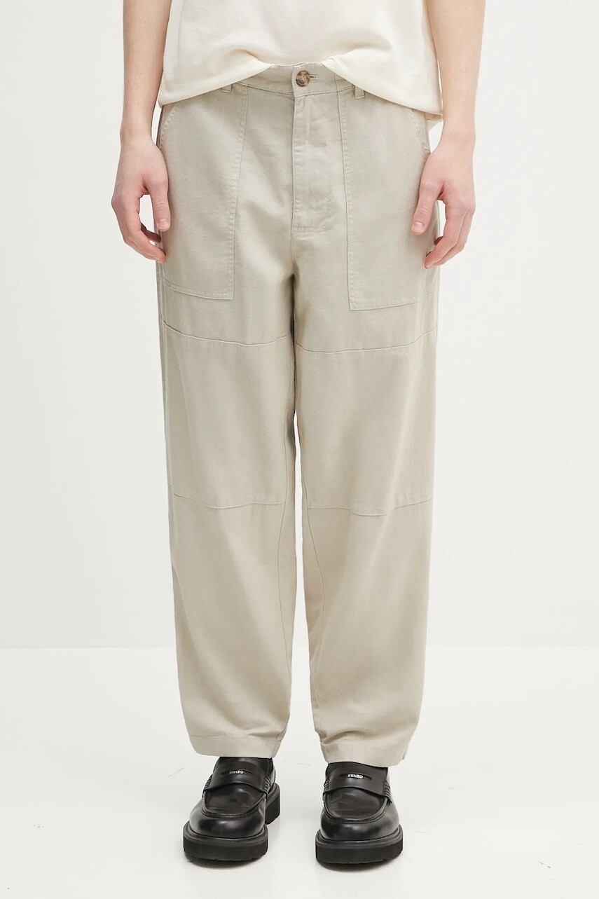 Ľanové nohavice Barbour Barbour Natural Linen Blend Trouser béžová farba, rovný strih, MTR0763