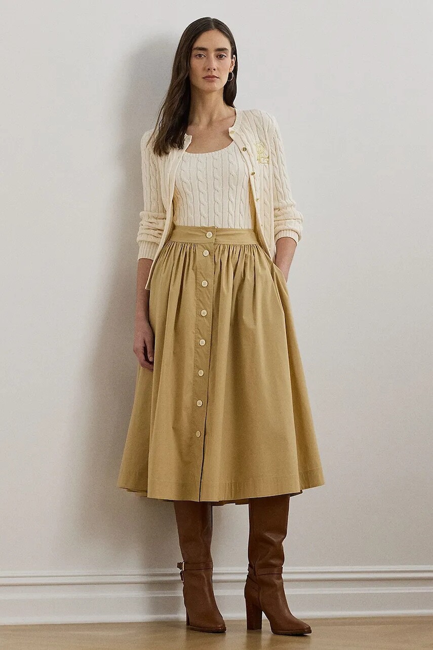 Sukňa Lauren Ralph Lauren béžová farba, midi, áčkový strih, 200963756