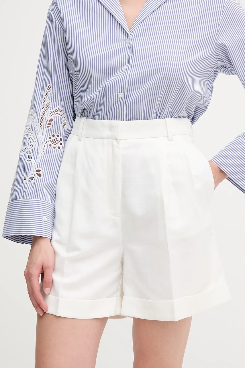 Šortky s prímesou ľanu Tommy Hilfiger béžová farba, jednofarebné, vysoký pás, WW0WW47213