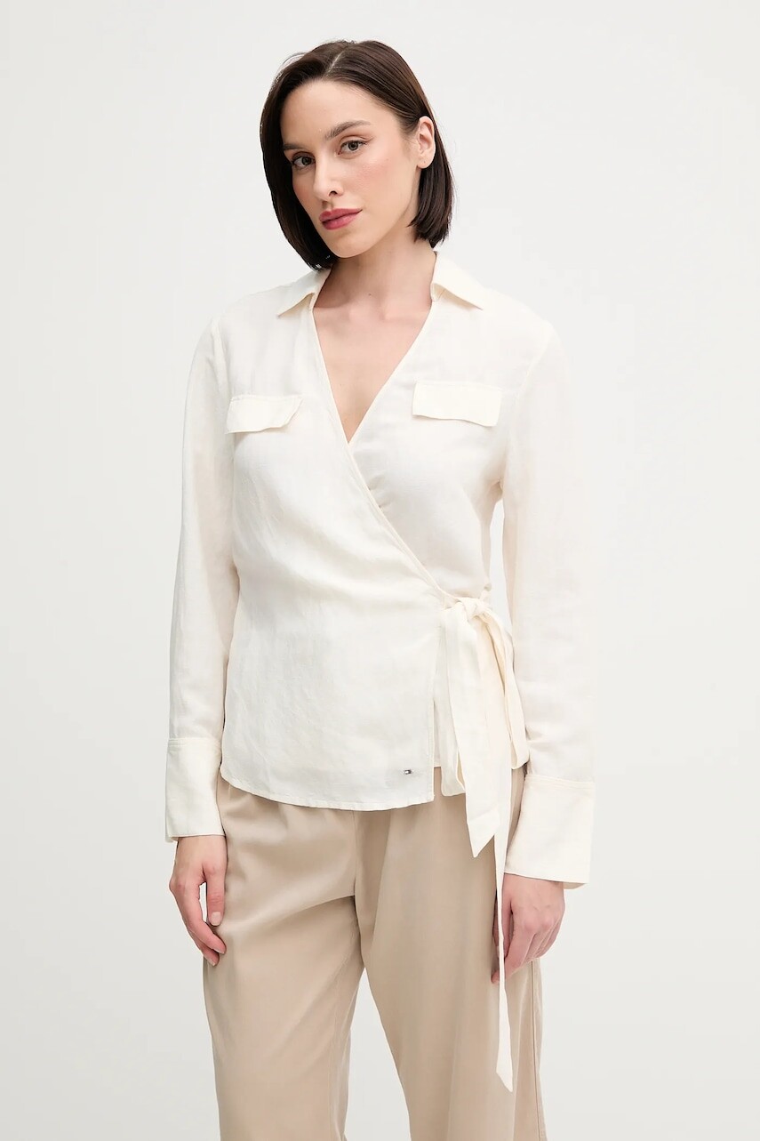 Ľanová košeľa Tommy Hilfiger béžová farba, regular, s klasickým golierom, WW0WW44697