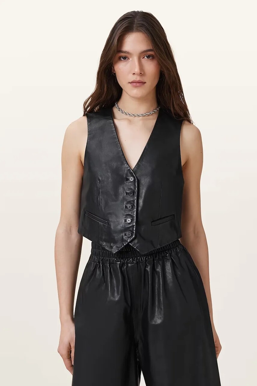 Kožená vesta AllSaints ARLA čierna farba, jednoradová, W124PC