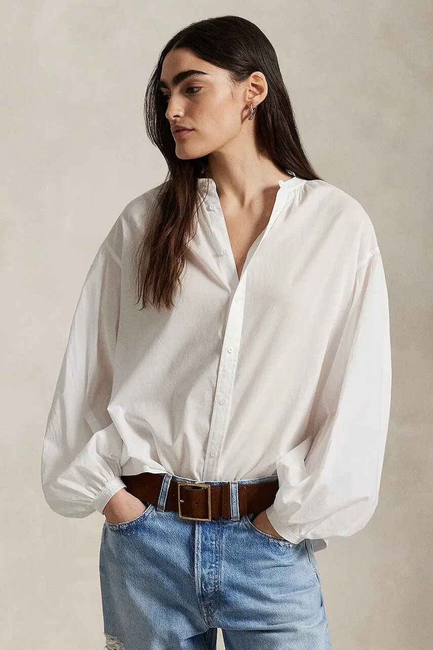 Bavlnená košeľa Polo Ralph Lauren biela farba, voľný strih, so stojačikom, 211965846