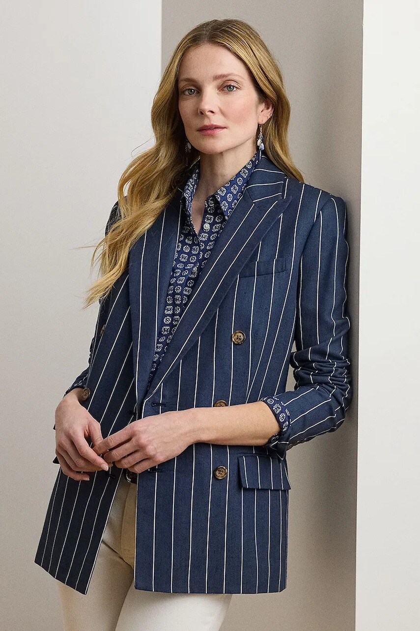 Sako s prímesou ľanu Lauren Ralph Lauren tmavomodrá farba, dvojradový, vzorovaná, 200973085