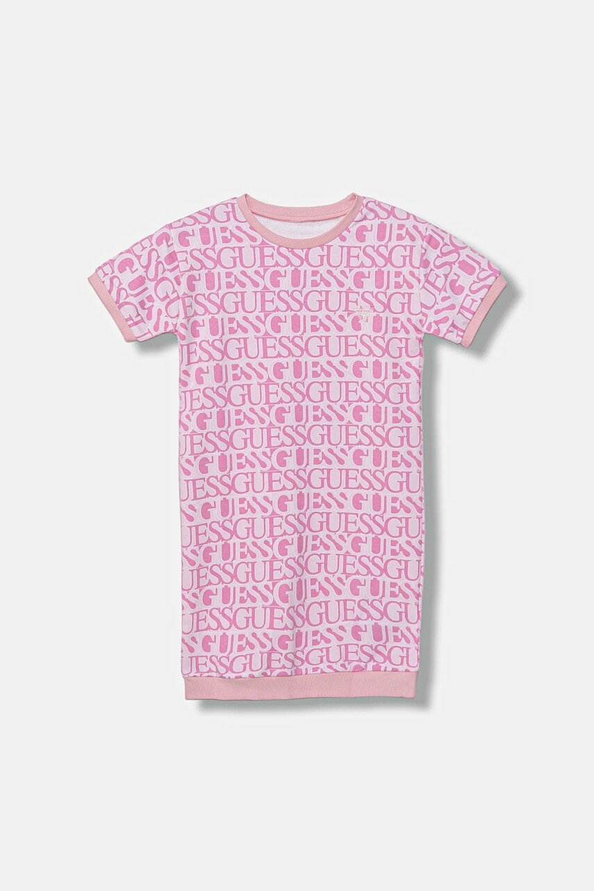 Dievčenské bavlnené šaty Guess ružová farba, mini, rovný strih, J5YK07 KAD74
