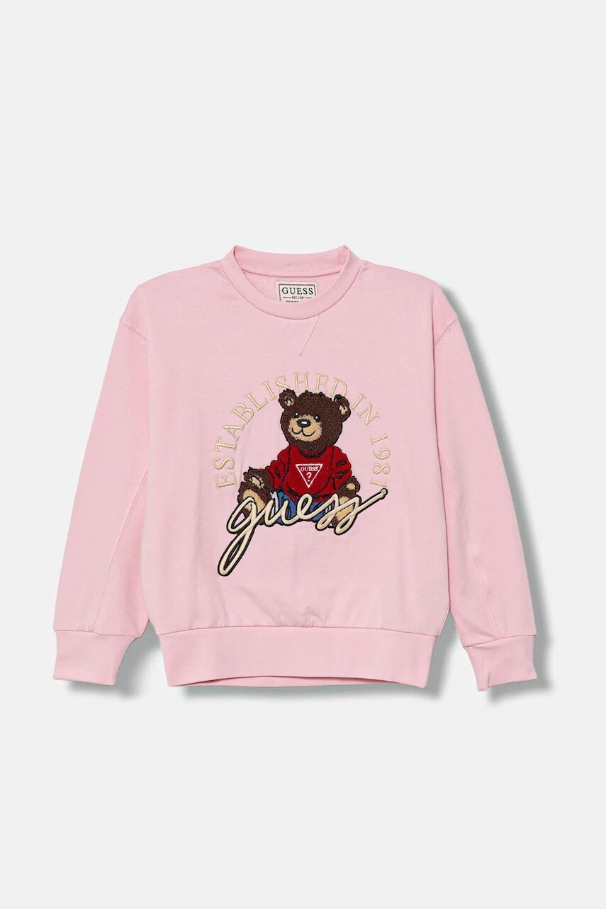 Detská bavlnená mikina Guess ružová farba, s nášivkou, H5YJ00 KAX74