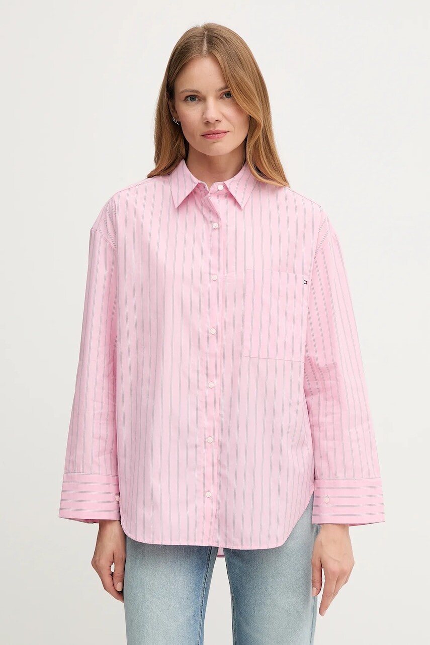 Bavlnená košeľa Tommy Hilfiger ružová farba, voľný strih, s klasickým golierom, WW0WW45892